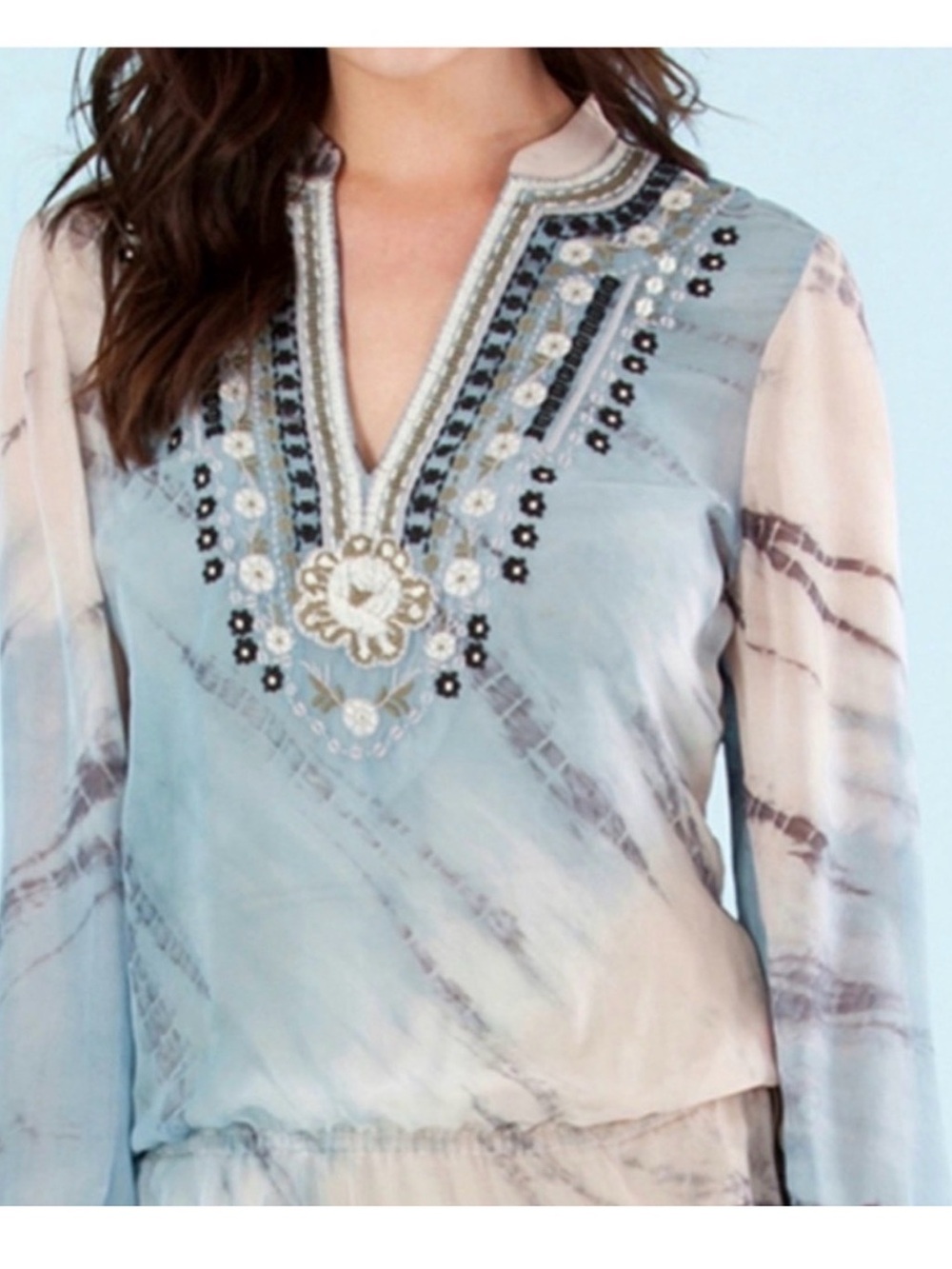 Hale Bob Cabana tye die silk embroidered split neck tunic